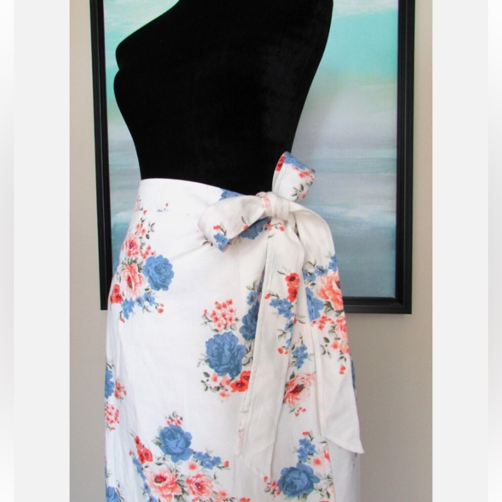 LOFT White Linen Floral Print Midi Wrap Skirt - Picture 3 of 6